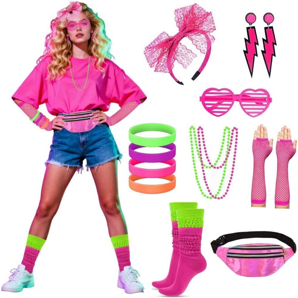 80s Accessories Costume Set for Women Neon Socks Fanny Pack Earrings